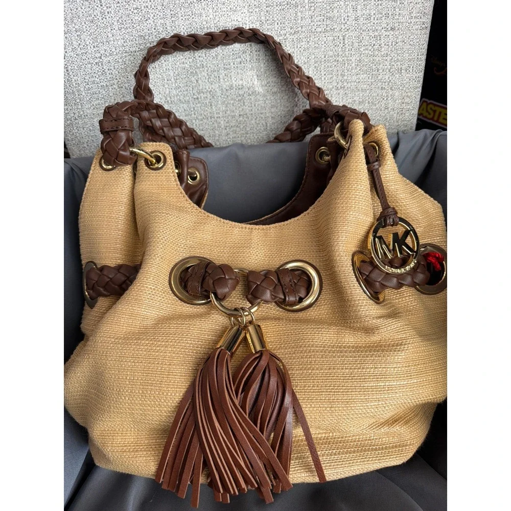 Michael Kors Straw Hobo Carlton Braided Leather Trim Tassel Gold with Dust Bag
